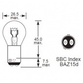 BAZ15D: BAZ15D (P21/4W) double contact, double filament bulb with 15mm diameter base, offset pins and 25mm diameter glass from £0.01 each